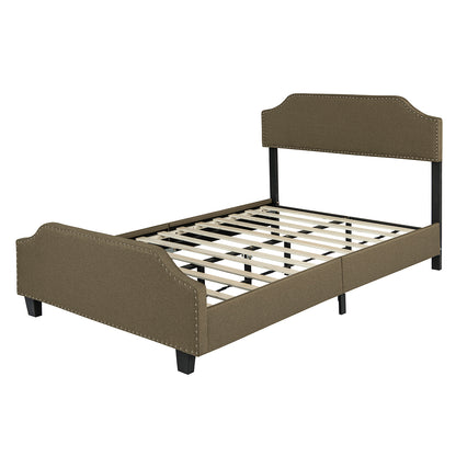 Upholstered Linen Queen Bed Frame, Platform Bed with Curved Shape Headboard and Footboard, Metal Frame with Wood Slat Support, Headboard Height Adjustable, No Box Spring Needed,  Chocolate