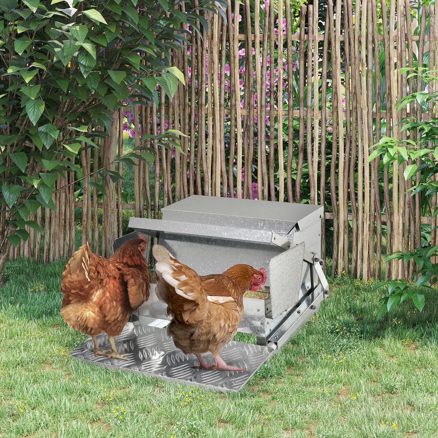 PawHut 25 lbs Capacity Automatic Chicken Poultry Feeder with a Galvanized Steel and Aluminium Build, Weatherproof Design