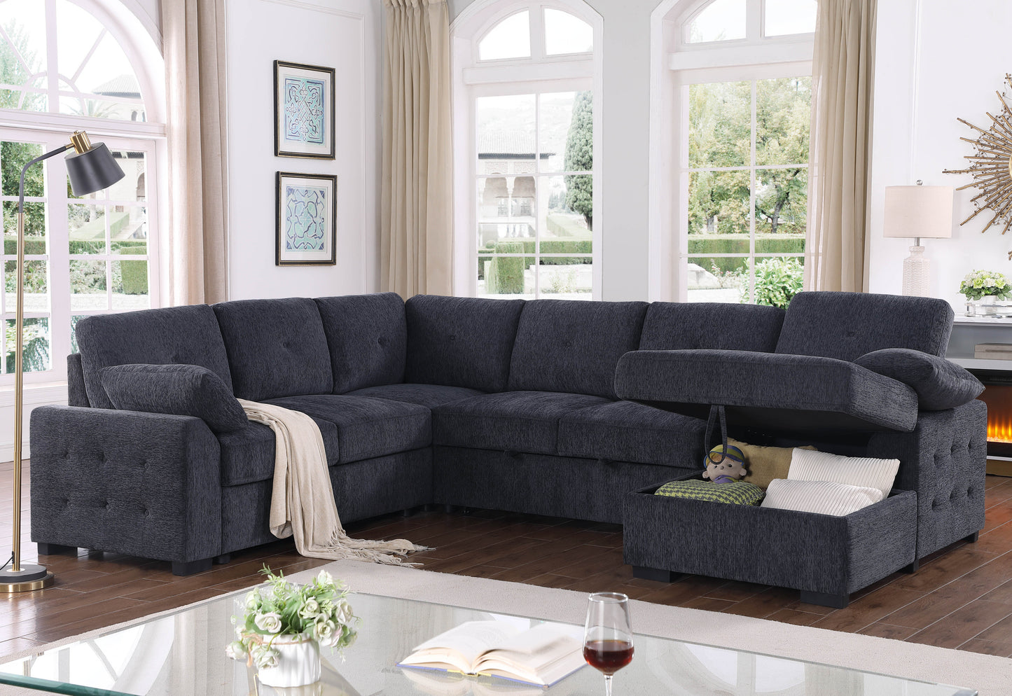 Nyhan Upholstered Corner Sectional with Pull out Loveseat and storaged Chaise
