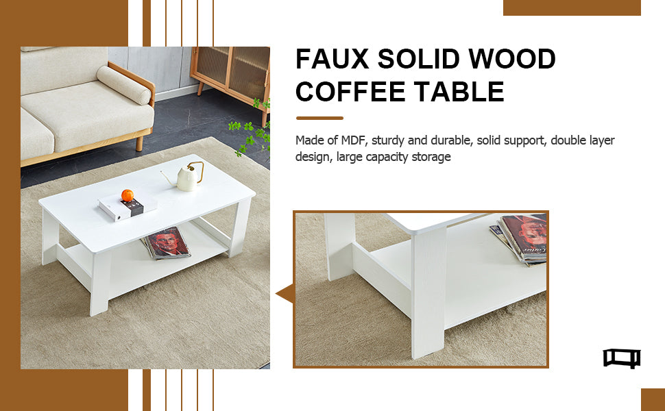 A modern and practical white coffee table. The double layered coffee table is made of MDF material,. Suitable for living room, bedroom, and study.CT-16