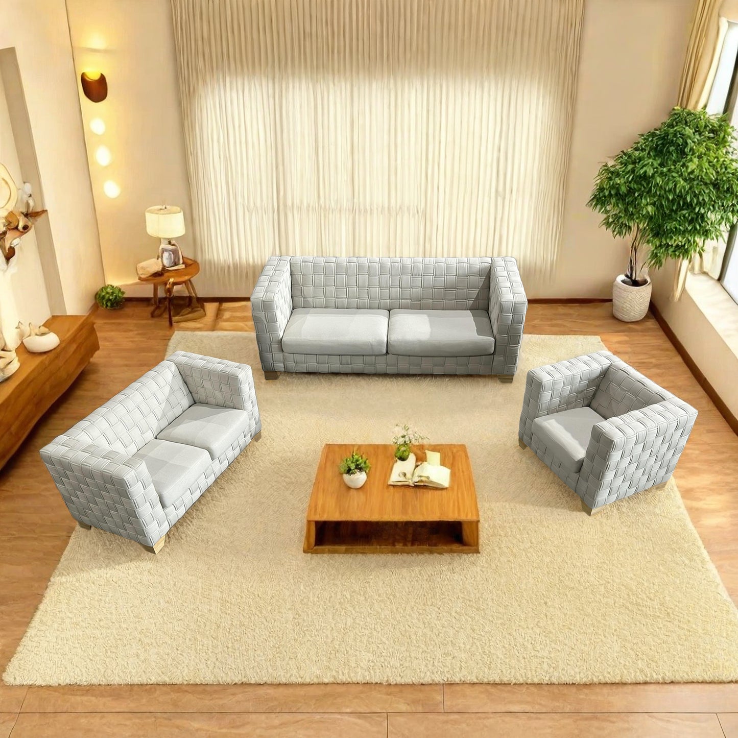 FX-D1 SOFA SET Include Chair Loveseat And Sofa Light Beige ColorLinen & Oak Natural Wood color sofa legs