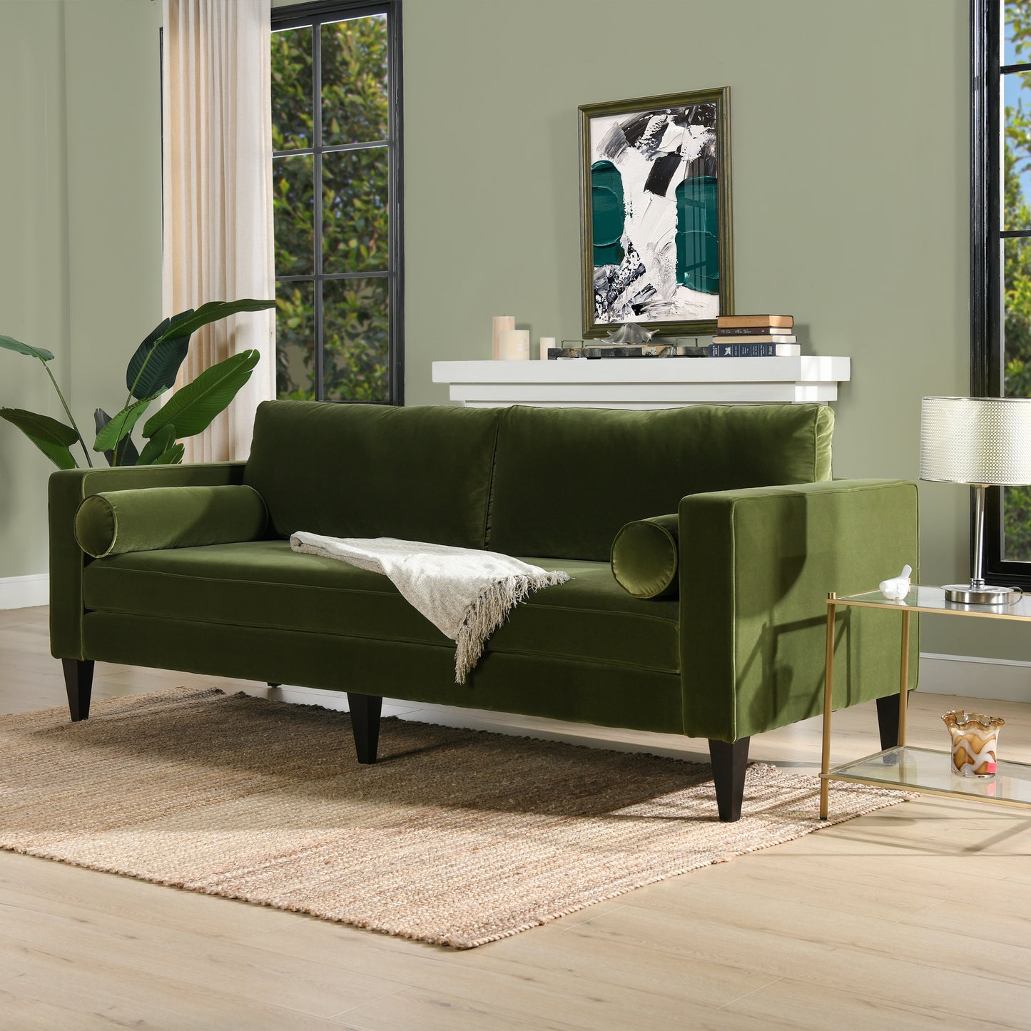 Nicholi 84" Mid-Century Modern Sofa, Olive Green Performance Velvet