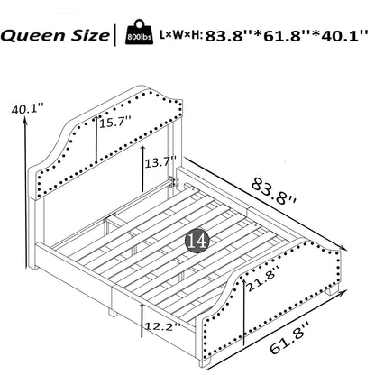 Upholstered Linen Queen Bed Frame, Platform Bed with Curved Shape Headboard and Footboard, Metal Frame with Wood Slat Support, Headboard Height Adjustable, No Box Spring Needed,  Light beige