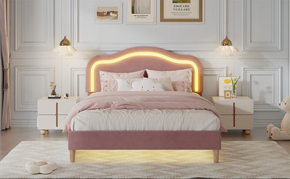 Twin Size Velvet Upholstered Smart LED Bed Frame with Adjustable Height Headboard,No Box Spring Needed,Easy Assembly,Pink