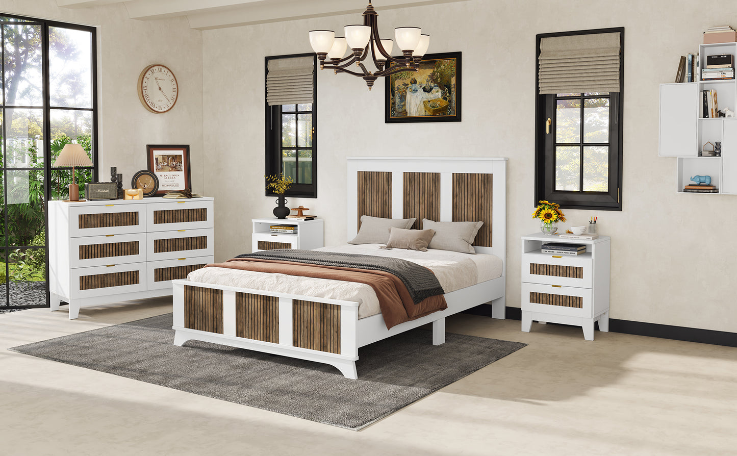 Farmhouse Wooden Platform Full Size Bed, Modern Platform Bed with Wooden Strip Decoration, Plywood Slats Support, White