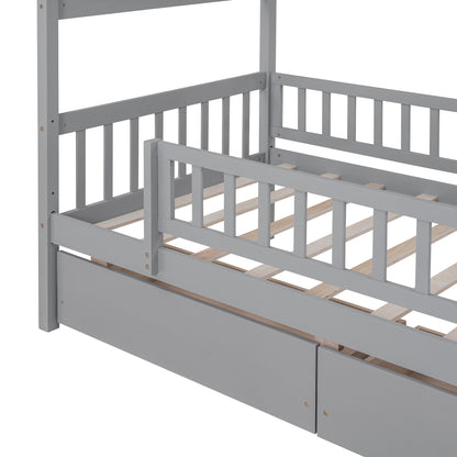 Twin Size Wooden House Bed with Two Drawers, Gray