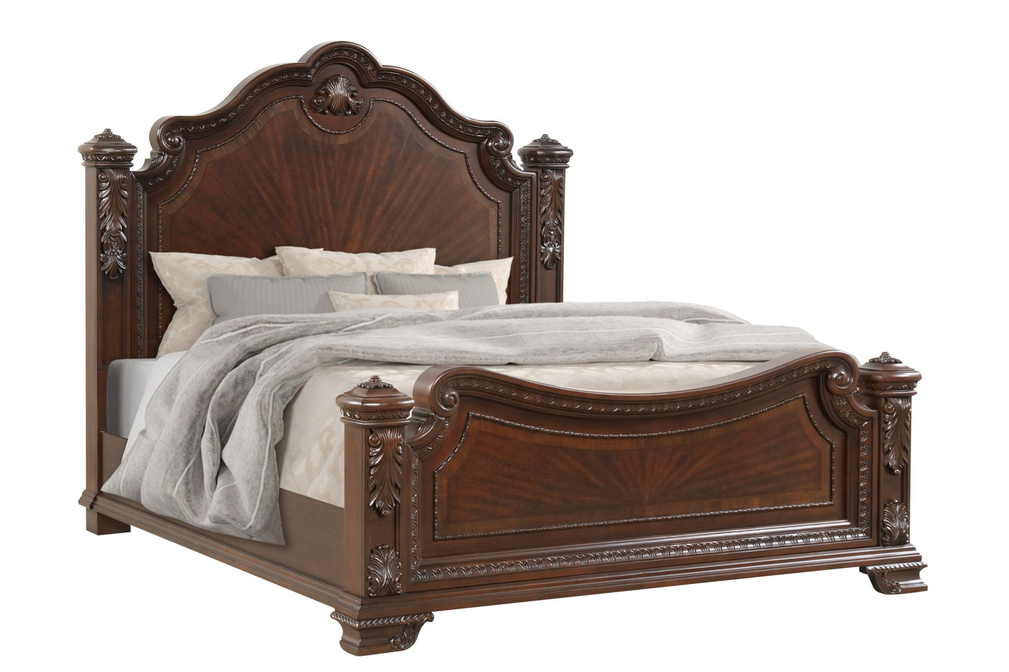 Traditional Style Queen Bed With Intricate Wood Carvings Made with Wood in Walnut