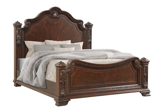 Traditional Style Queen Bed With Intricate Wood Carvings Made with Wood in Walnut