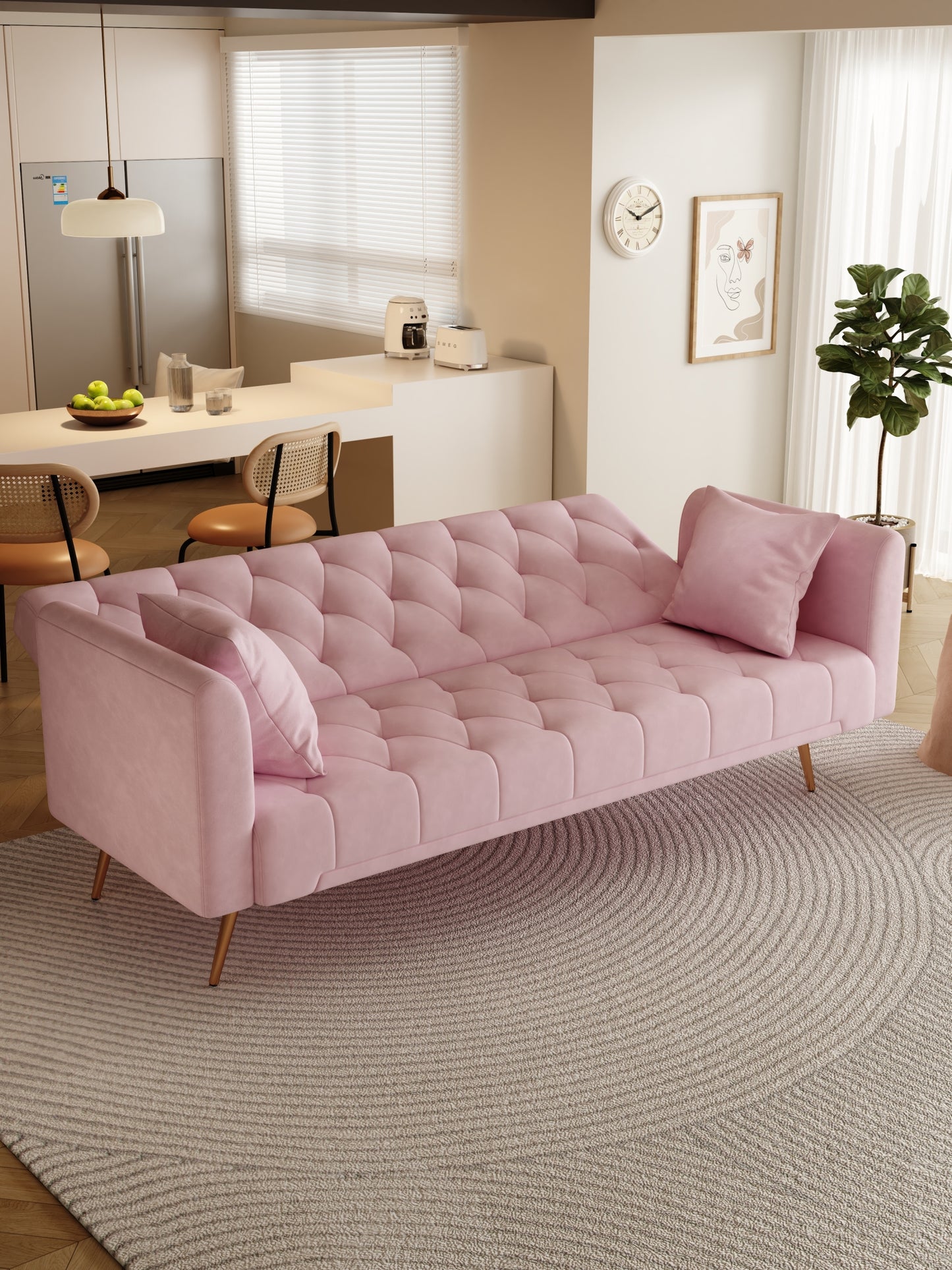 71 inch convertible love seat sofa, American retro pink velvet, suitable for small living room, bedroom, office