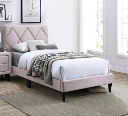 Twin Size Bed w Adjustable Headboard 1pc Bedframe, Light Pink Velvet Upholstered Youth Bedroom Furniture