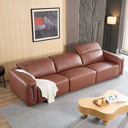 Modern Simple Line Design 3-Seater Leather Sofa for Living Room, Comfy Sofa Couch with Extra Deep Seats,Adjustable Headrests Couch,Brown