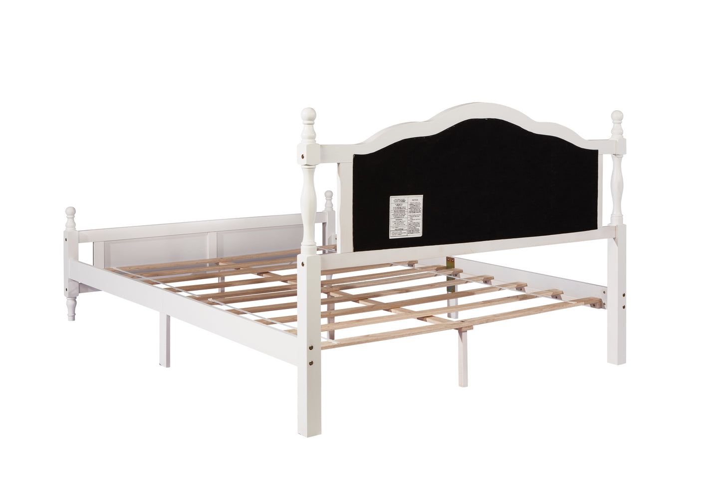 Queen Pine wooden Bed with Upholstered Headboard  and Panel Footboard, with  Two Bed Rail Support Feet and Central Platform Support Feet ,White