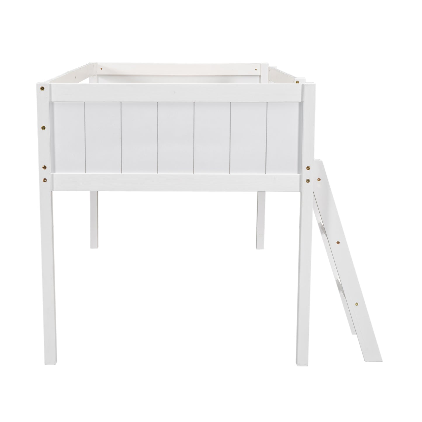 White Twin Size Wood Low Loft Bed with Adjustable Ladder, Solid Pine Wood+MDF, 79.5''L x 41.7''W x 44.5''H