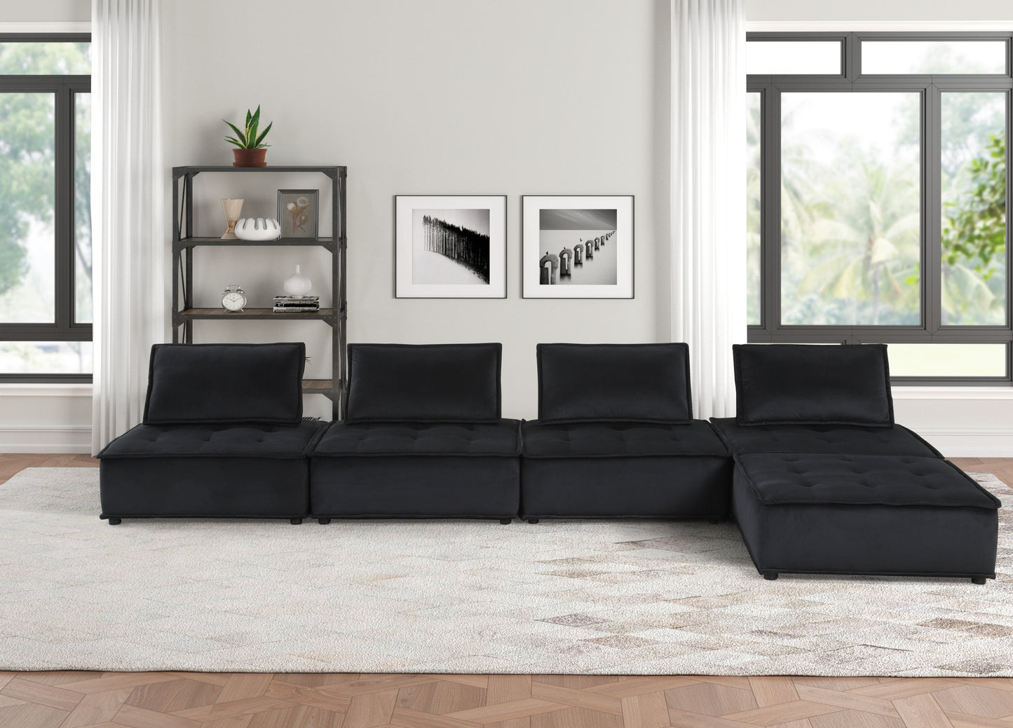 Anna 160" Black Velvet 5 Pc Sectional Sofa Ottoman