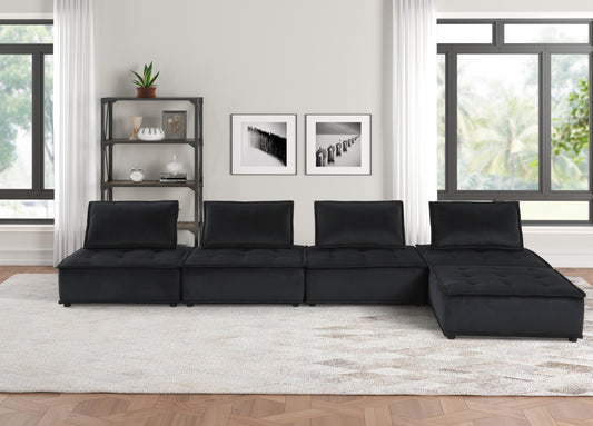 Anna 160" Black Velvet 5 Pc Sectional Sofa Ottoman