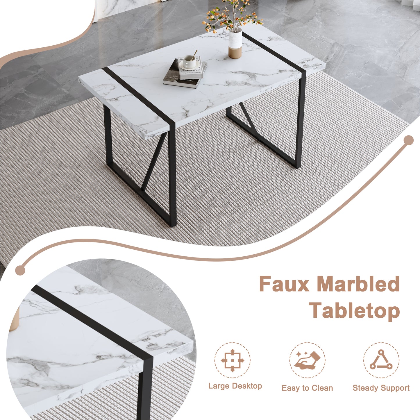 Industrial Rectangular MDF White Pattern Dining Table for 4-6 people with 1.5 inch thick MDF top and black metal legs for desks, kitchens, patios, dining rooms