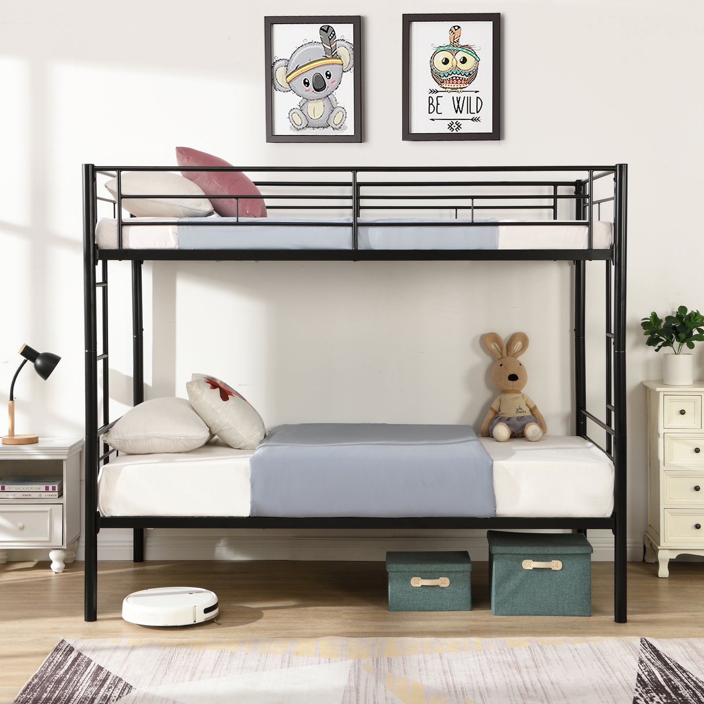 Bunk Bed Twin Over Twin Size with 2 Ladders and Full-Length Guardrail, Metal, Storage Space, No Box Spring Needed, Noise Free, Black