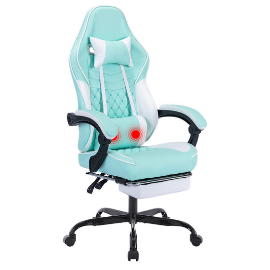 Ergonomic Video Gamer Chairs,Computer Gaming Chairs with Massage Lumbar Support and footrest,Racing Style Computer Chair Adjustable Headrest for Adults,GREEN
