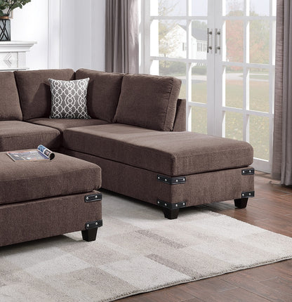 Living Room Furniture Chocolate Chenille Sectional w Ottoman Linen Like Fabric Sofa Reversible L/R Chaise Ottoman 3pc Sectional Sofa