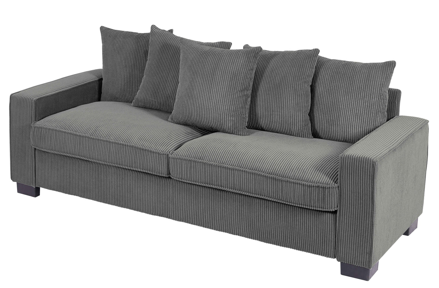 Luxe Corduroy Sofa with 5 Matching Toss Pillows, Sleek Design, Spacious and Comfortable 3 Seater Couch for Modern Living Room, Large, Grey