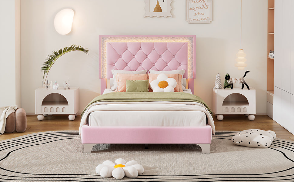 Twin Size Upholstered Bed Frame with LED Lights,Modern Velvet Platform Bed with Tufted Headboard,Pink