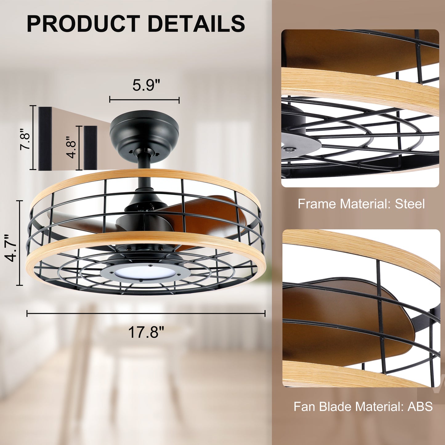 InfiniPower 16'' ceiling fans with lights and remote, Caged Ceiling Fan with Reversible Motor for Different Seasons, Quiet and Energy Saving, 6 level Speeds