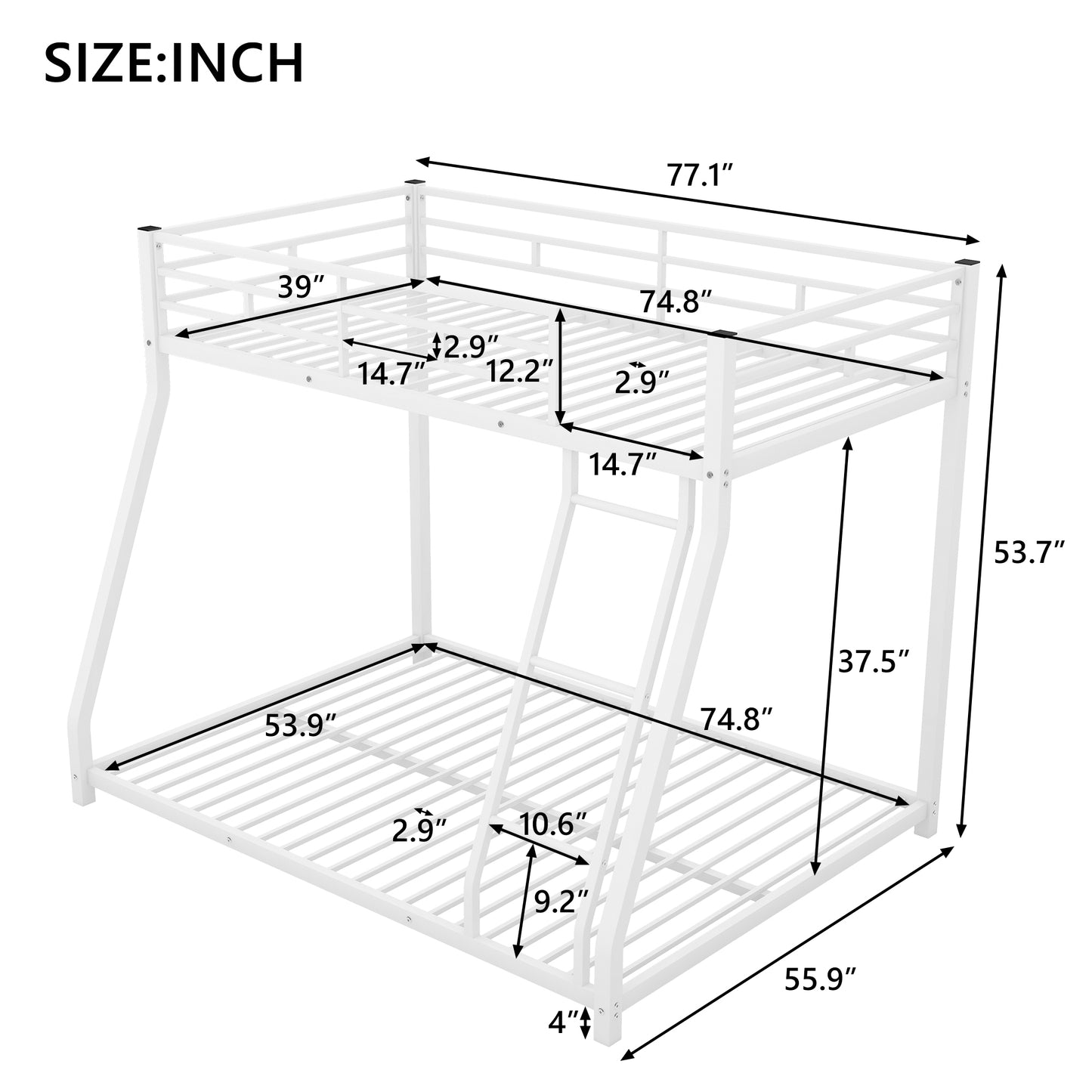 Metal Floor Bunk Bed, Twin over Full,White(OLD SKU:MF193244AAK)