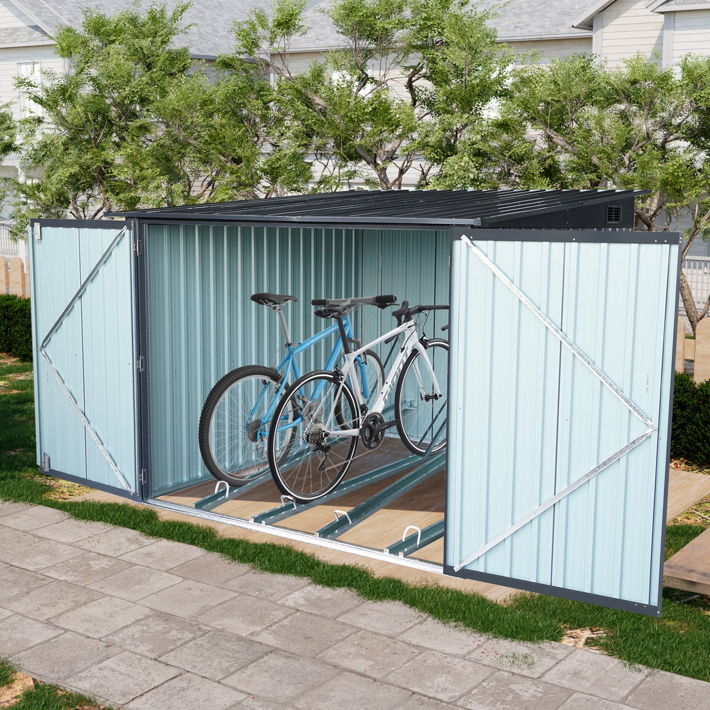 Outdoor Steel Storage Shed For Bicycle with Slope Roof and 4 Bike Tracks, black