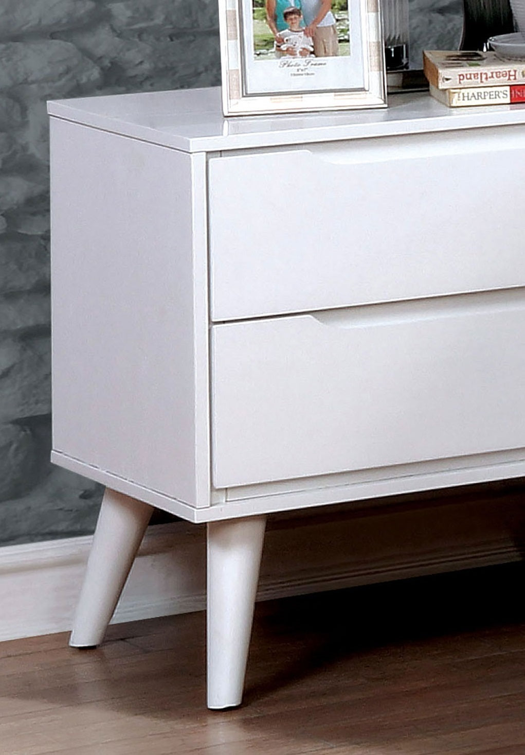 Mid-Century Modern White Color 1pc Nightstand Bedroom Furniture Solid wood Round Tapered Legs 2-Drawers Bedside Table