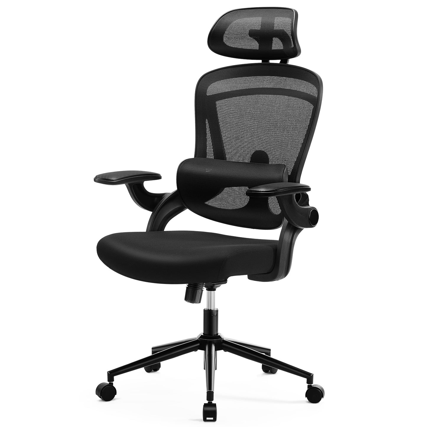 High Back Desk Chair with Adjustable Lumbar Support & Headrest,Comfortable Mesh Computer Chair with Soft Flip Up Arms, Adjustable Height and 120°Tilt,Black