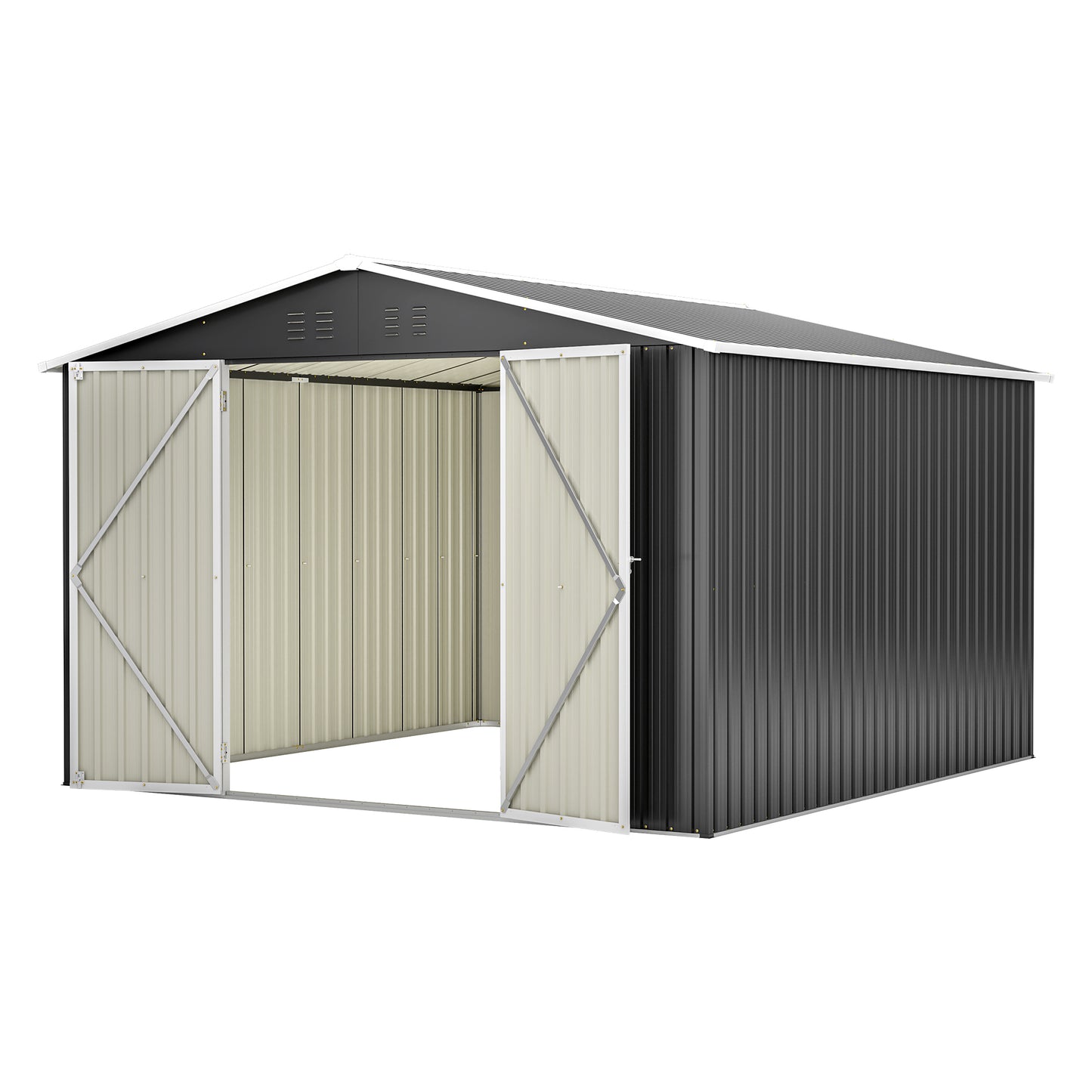 Outdoor Storage Shed 10x10 FT, Utility Metal Tool Storage with Lockable Doors and Updated Frame Structure, Large Metal Garden Shed for Backyard, Patio Lawn, Black