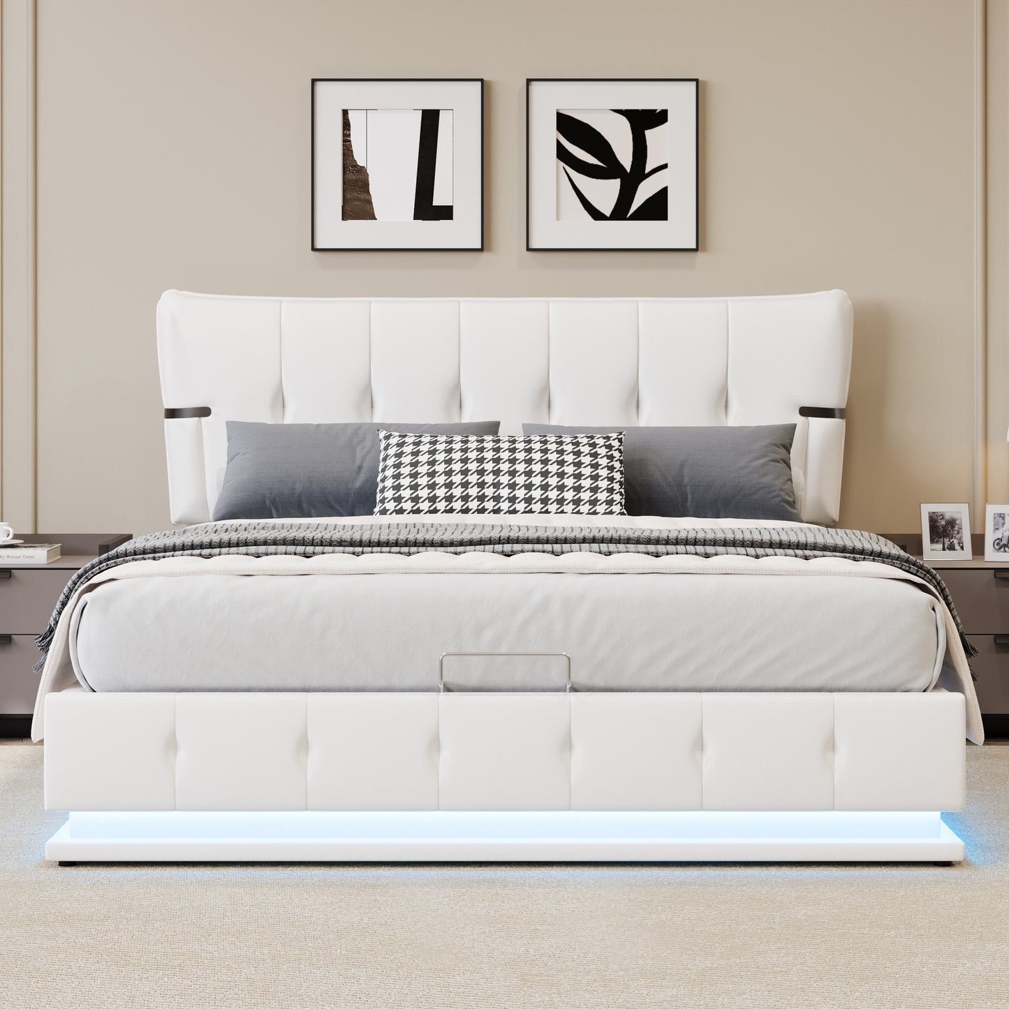 Upholstered Platform Queen Size Hydraulic Storage Bed, Lift Up Storage Bed with RGB LED Light, PU Leather Headboard and Footboard, No Box Spring Needed, White