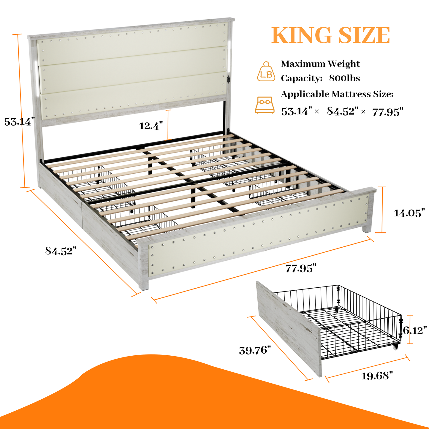 King Size Bed Frame with Upholstered Headboard and  4 Storage Drawers , King Bed Frame with Charging Station and LED Lights, Wood Slats, Beige Faux Leather & Rivets, No Box Spring Needed