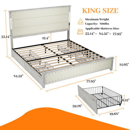 King Size Bed Frame with Upholstered Headboard and  4 Storage Drawers , King Bed Frame with Charging Station and LED Lights, Wood Slats, Beige Faux Leather & Rivets, No Box Spring Needed