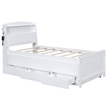 Twin Size Platform Bed with Storage LED Headboard, Twin Size Trundle and 3 Drawers, White