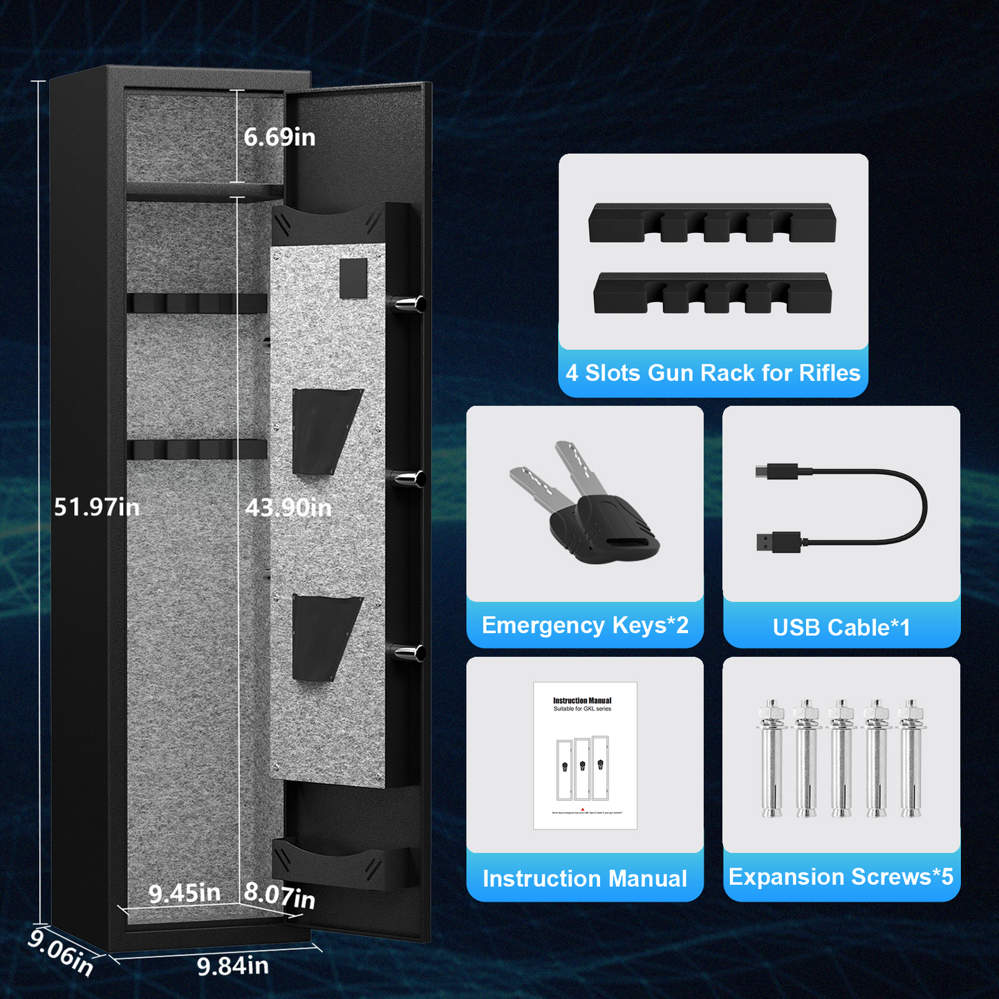 "High-Security Steel Rifle Cabinet - 3-4 Gun Capacity, Electronic Lock, Solid Bolts, Dual Alarms, LED Lighting, Silent Operation"