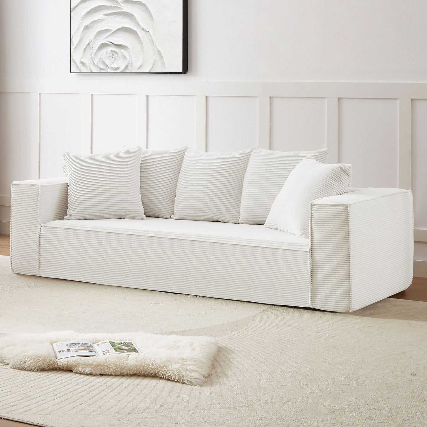 88.97inch Corduroy Sofa with 5 Matching Toss Pillows, Sleek Design, Spacious and Comfortable 3 Seater Couch for Modern Living Room.WHITE