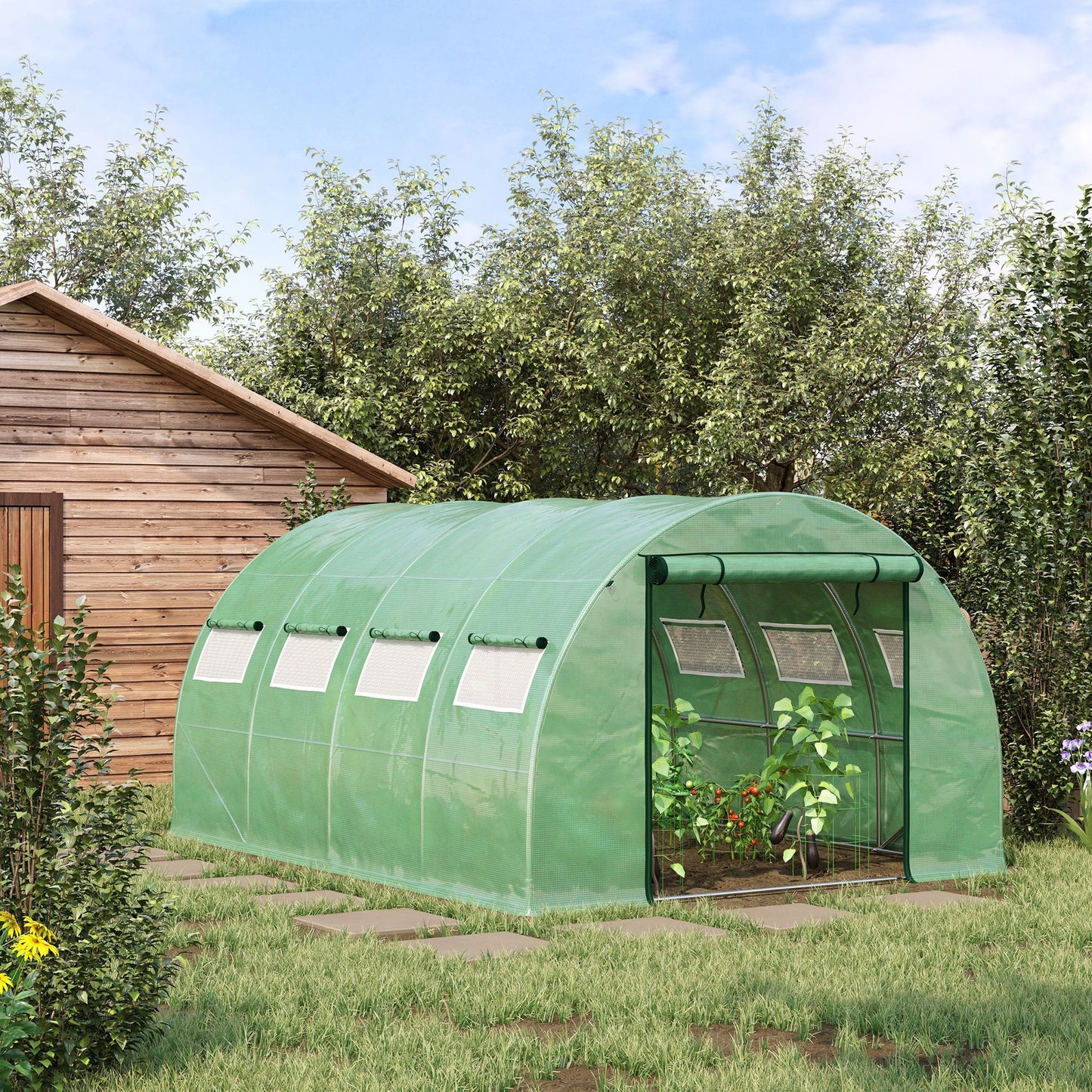 Outsunny 13' x 10' x 6.5' Walk-in Tunnel Greenhouse with 2 Zippered Mesh Doors & 10 Mesh Windows, Upgraded Gardening Plant Hot House with Galvanized Steel Hoops, Green