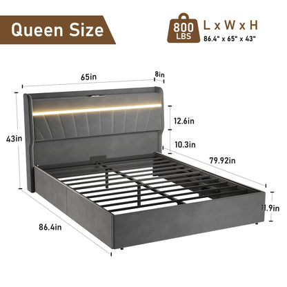 Queen Lift Up Storage Bed Frame with Charging Stationand LED Light, Wingback Upholstered Platform Bed Frame, Wooden Slats Support, No Box Spring Needed, Noise-Free, Dark Gray