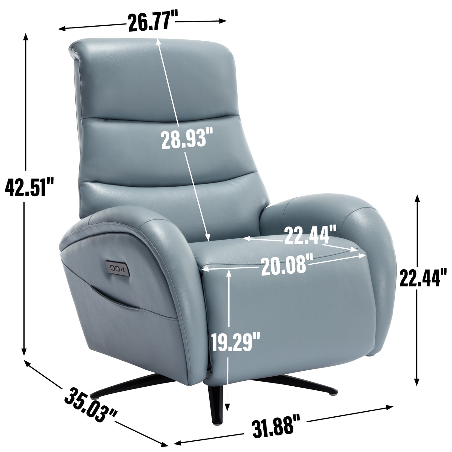 Blue Leatheraire Dual Motor 270° Swivel Power Recliner Chair With Heavy Duty Motion Mechanism, USB and Type-C Charging Ports.