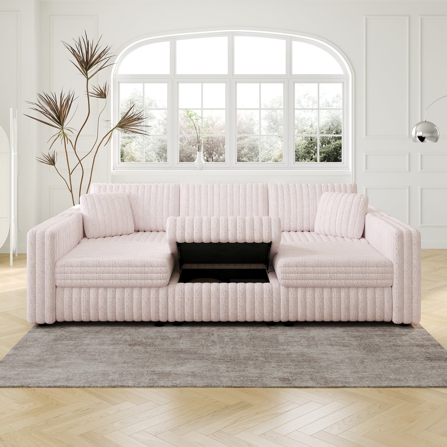 106.3" Soft  U-shaped 6-Person Sofa. Matches 30.7" Ottoman with Hydraulic Lift. Comfortable & Stylish. For Bedroom & Living Room. Light Pink.Modern Furniture. Modular Design.