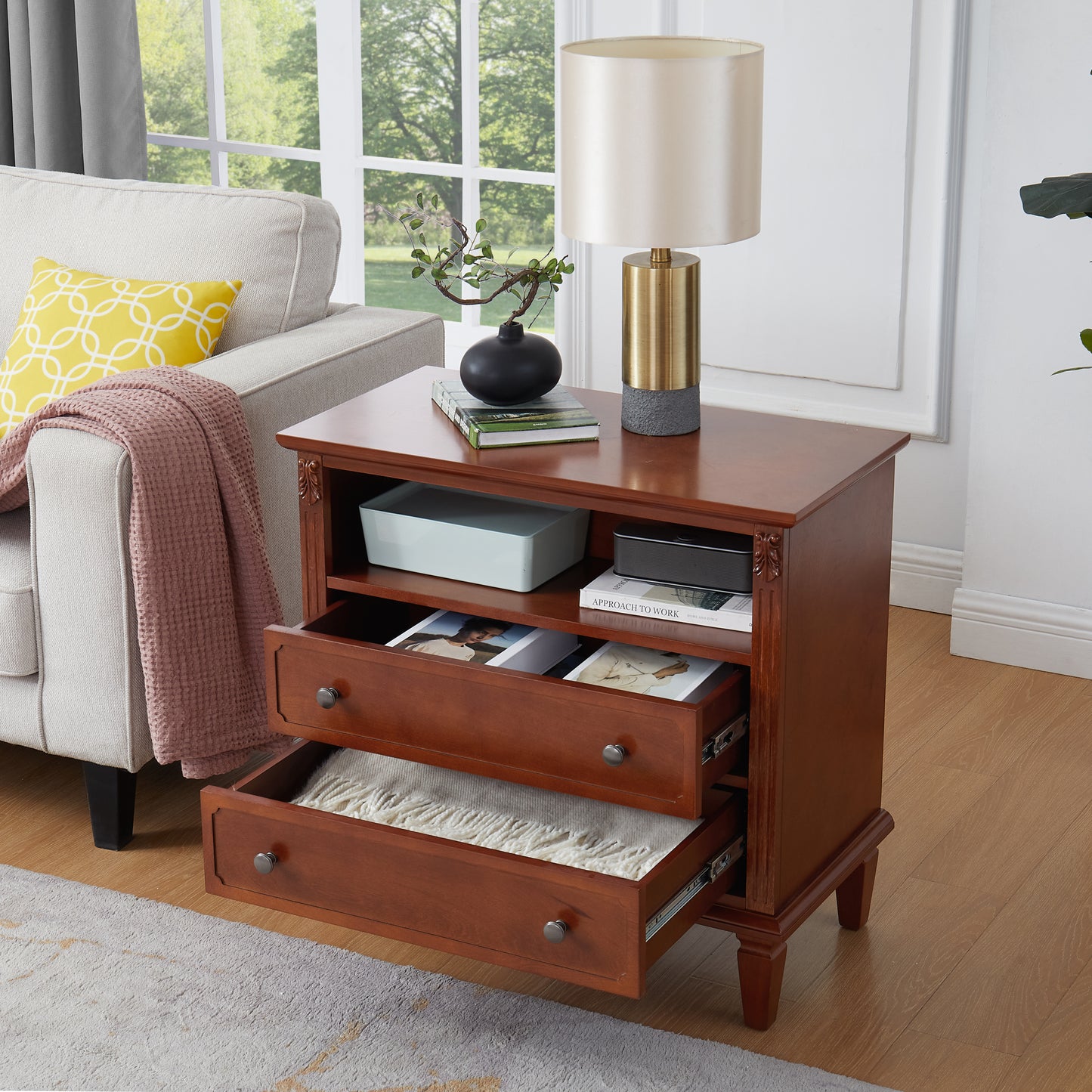 Open Space and 2 Drawers Dresser Nightstand with Charging Station, Farmhouse End Table with USB Ports and Outlets, Fluted Pilasters Design Side Table with Solid Wood Legs for Bedroom