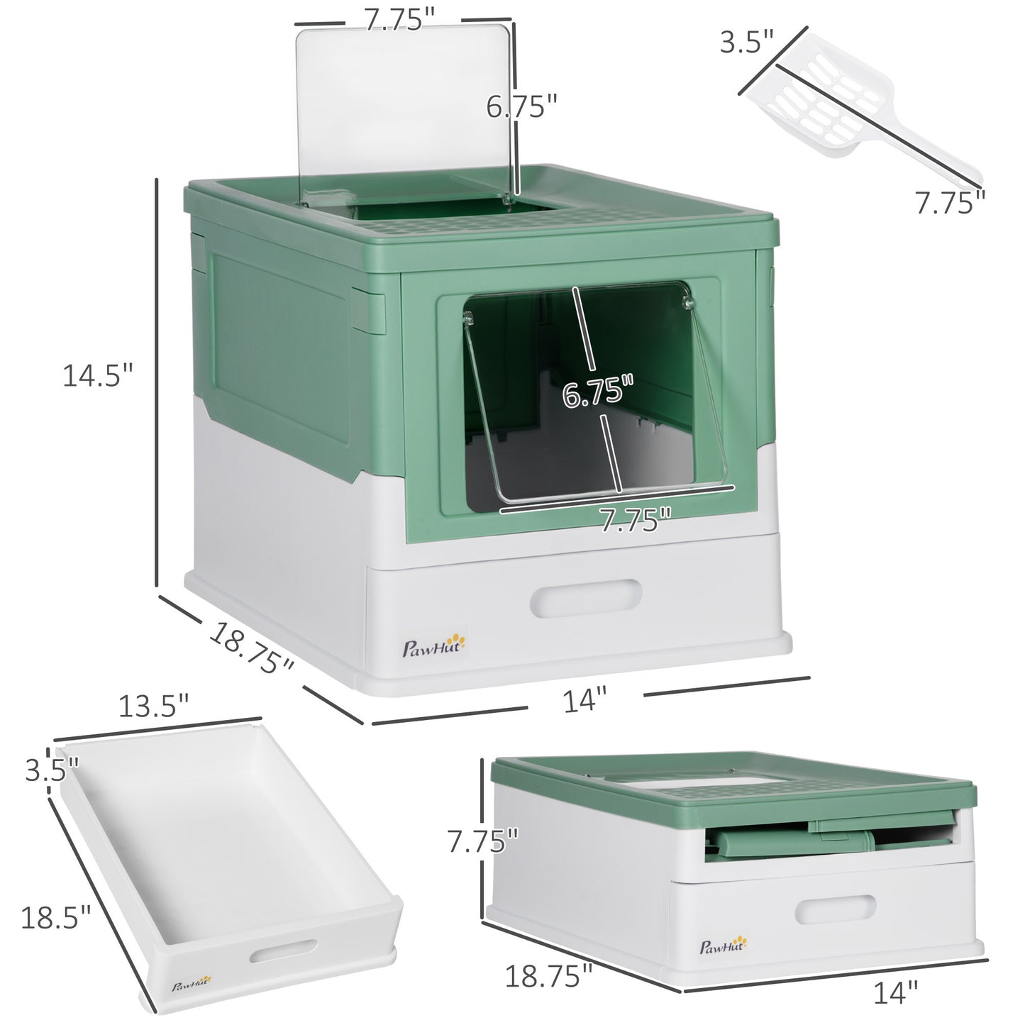 PawHut Fully Enclosed Cat Litter Box with Scoop, Hooded Cat Litter House with Drawer Type Tray, Foldable Smell Proof Cat Potty with Front Entry, Top Exit, Portable Pet Toilet with Large Space, Green