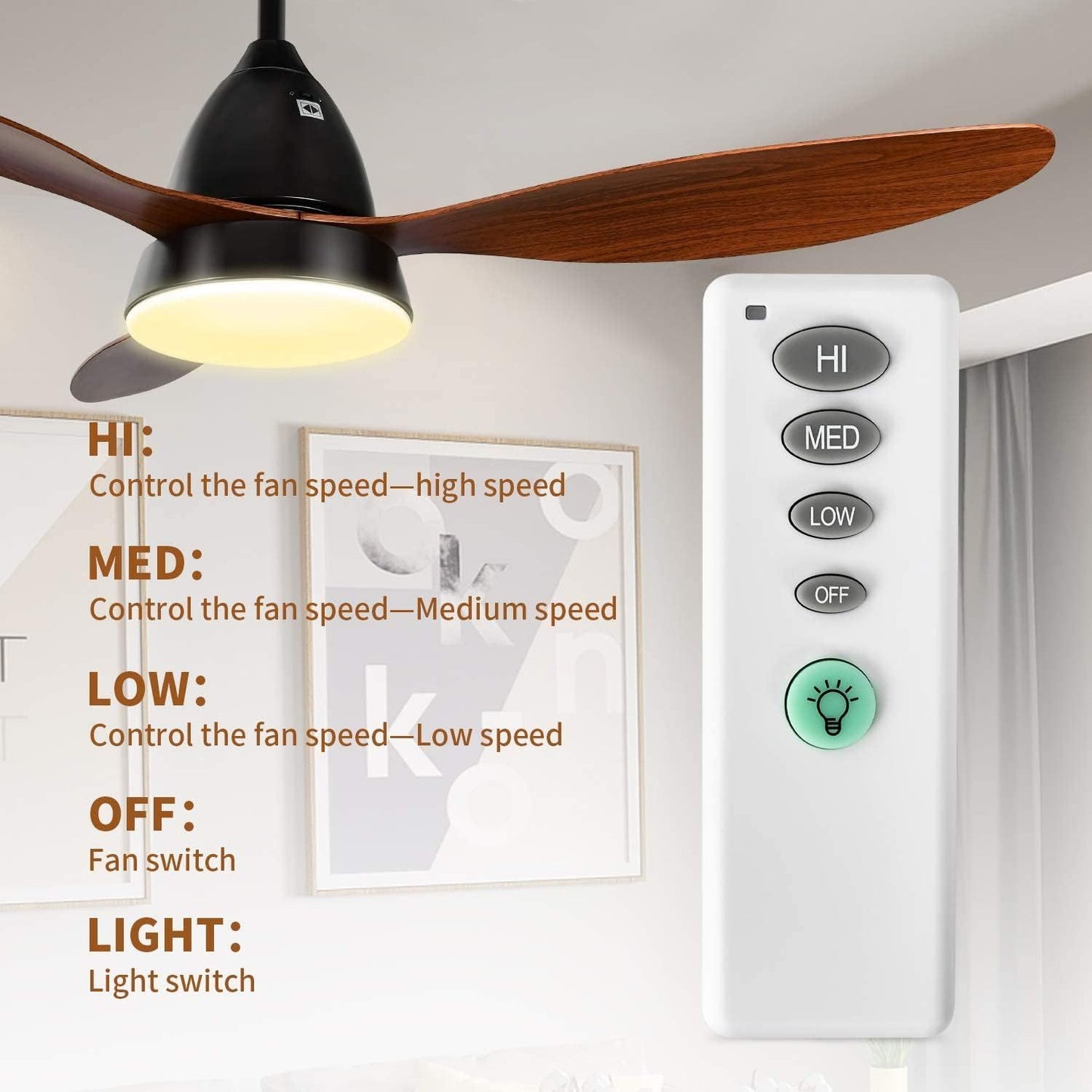 52-inch Ceiling Fan with LED Light and Remote Control, 3-Speed Modes, 2 Rotating Modes, Timer