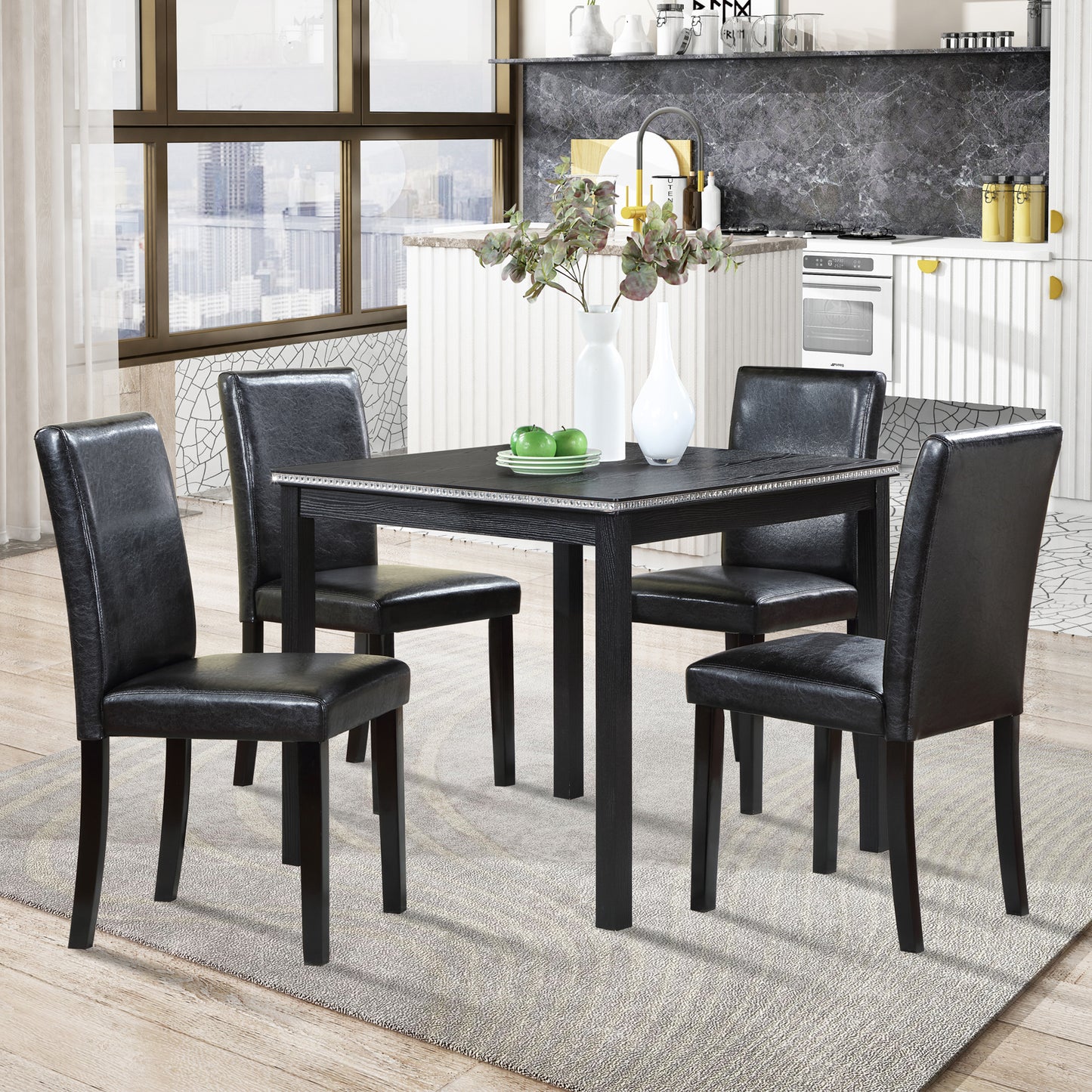 5 Piece Wooden Dining Table Set, Kitchen Table Set with a Square Table and 4 Upholstered Chairs, Wooden Dining Room Table with Crystal Decoration and Chairs Set for Kitchen, Dining Room, Black