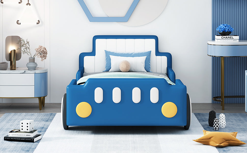 Twin Size Race Car-Shaped Platform Bed with Wheels,Blue