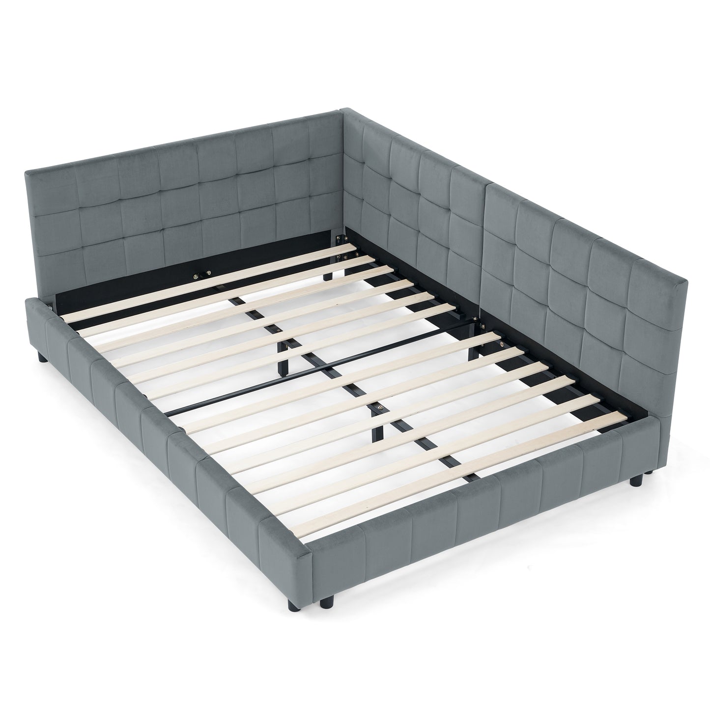 Full Size Upholstered Tufted Bed Frame, Sofa Bed Frame with Comfortable Backrest and Armrests, Full Size Bed for Bedroom, Living Room,Velvet, Grey(80.5''*59''*30.5'')