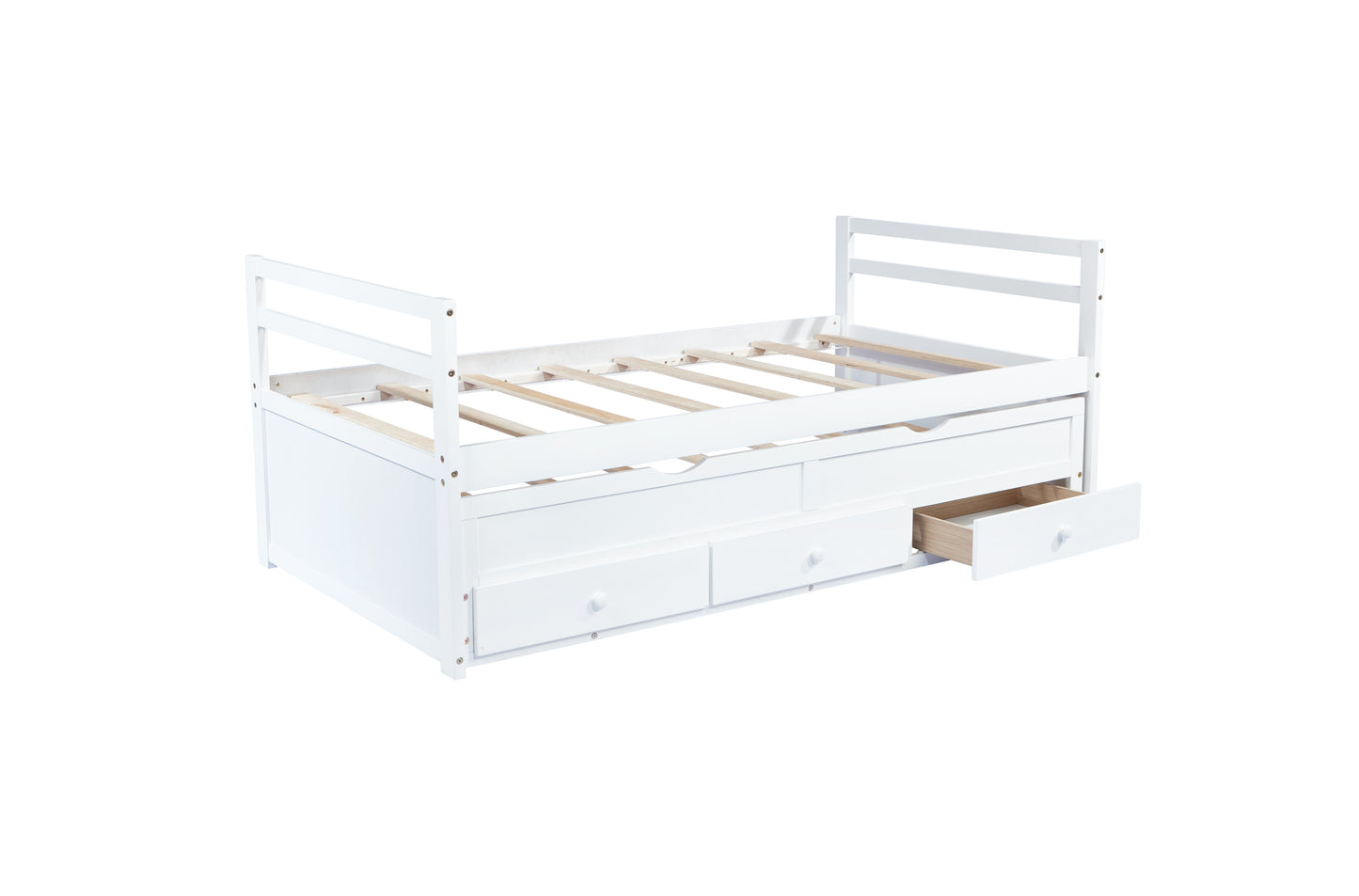 Twin Size Bed with Headboard, Footboard, Trundle and Three Storage Drawers, Twin Size Pine Wood Bed with Headboard, Footboard,White