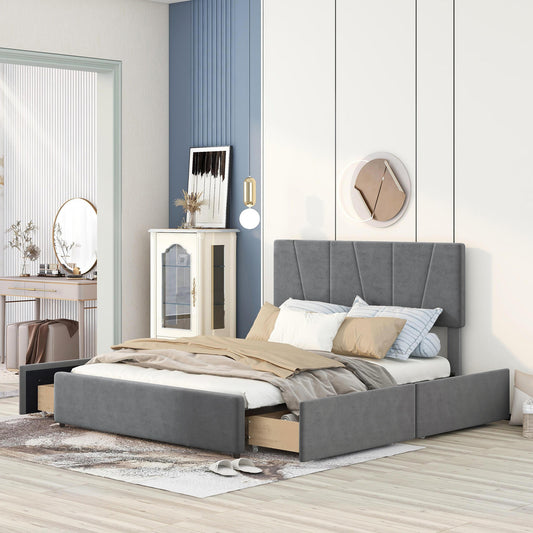 Queen Size Upholstery Platform Bed with Four Drawers on Two Sides, Adjustable Headboard, Grey(Old SKU: WF291774EAA)