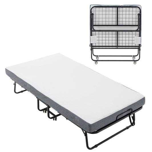 Folding Bed with Mattress, SPortable Foldable Bed with Storage Cover, SRollaway Bed for Adults with Memory Foam Mattress and Metal Frame, SCot Size Guest Bed on Wheels, 75 x 38